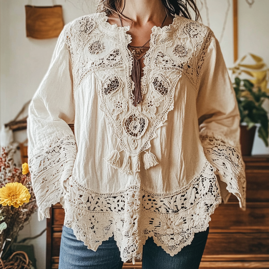 Elegant Lace Embroidery Tassel Art Long Sleeve V-neck Shirt artswardrobe