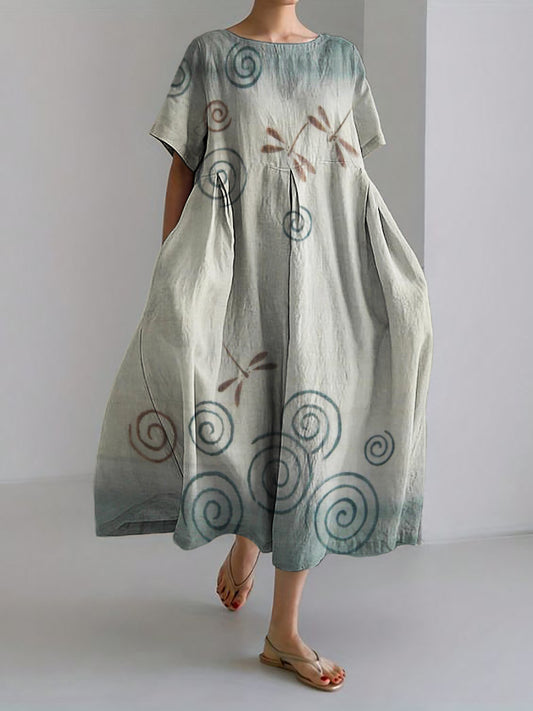 Comstylish Dragonflies & Ripples Gradient Japanese Art Linen Blend Maxi Dress