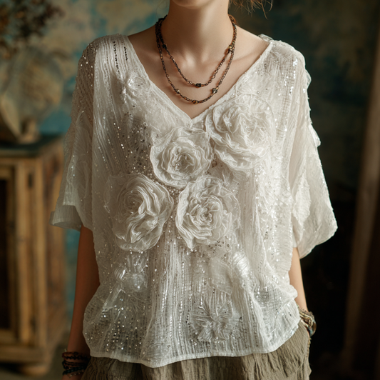 Bohemian Style Woman's V-neck White Rose Short-sleeved Shirt artswardrobe
