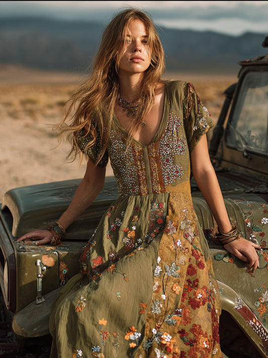 Bohemian Floral Pattern Multi-color Patchwork Three-dimensional Flower Embroidery Vintage Movie Green V-neck Short-sleeved Long Dress artswardrobe