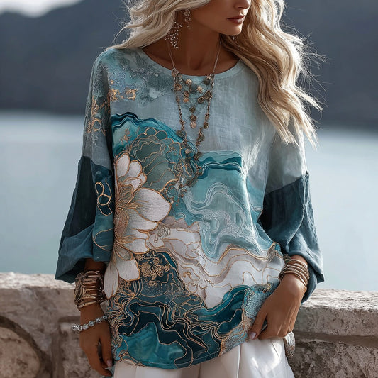 Vintage Gradient Marble Texture Floral Pattern Art Linen Three-quarter Sleeves Shirts artswardrobe