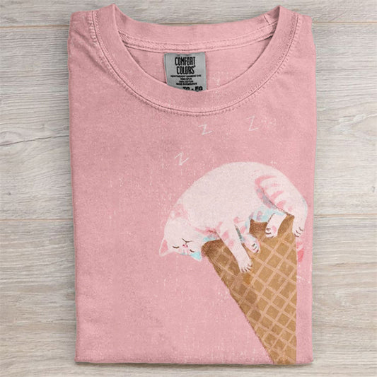 Funny Sleeping Cat Ice Cream Cone Washed T Shirt