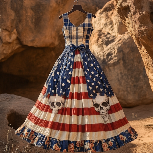 Women's Independence Day Skull And Plaid V-neck Long Dress artswardrobe