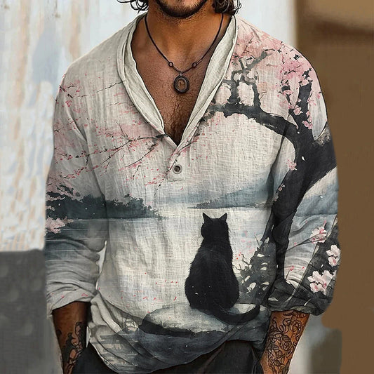 Men's Japanese Cherry Blossom Tree Black Cat Art Long Sleeve Linen Blend Shirt elevenforest