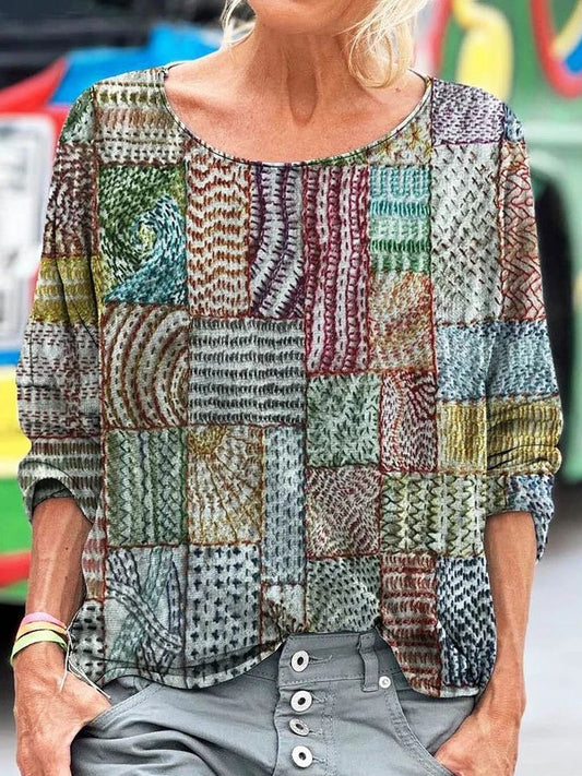 Geometric Stitch Embroidery Patchwork Pattern Women's Linen Long Sleeve T-shirt artswardrobe