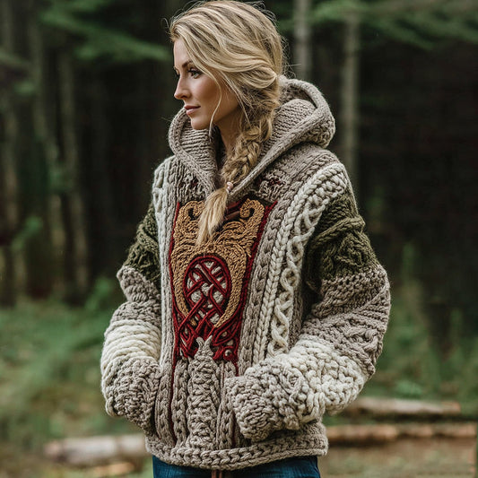 Women's Celtic Knot Irish Jacquard Contrast Print Knit Hoodie elevenforest