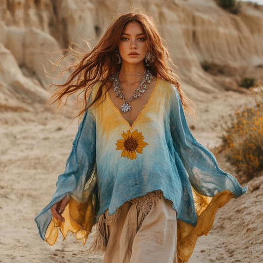 Comstylish Boho Gradient Sunflower Embroidery Print Cotton And Linen Blend Loose Blouse