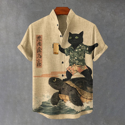 Men's Black Cat Surfing On A Turtle Print Casual Shirt elevenforest
