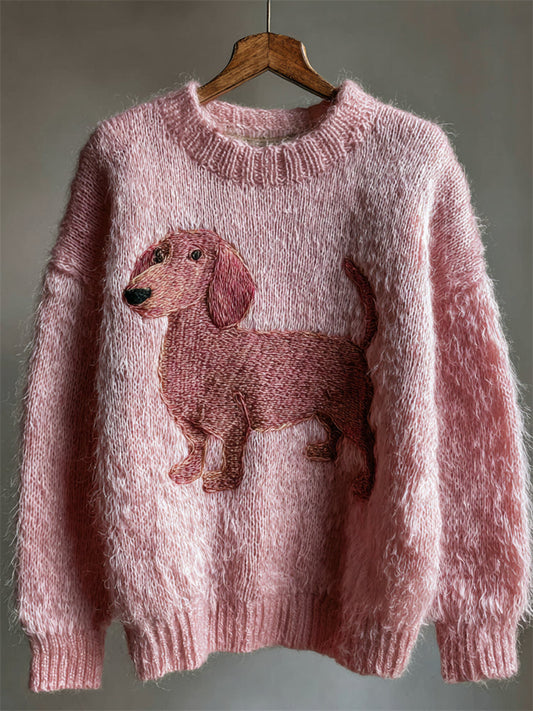 Pink Dachshund Embroidered Fuzzy Cozy Knit Sweater elevenforest