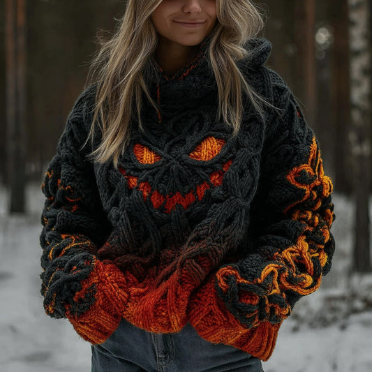 Women's Halloween Spooky Pumpkin Art Gradient Vintage Cozy Knit Hooded Sweater artswardrobe
