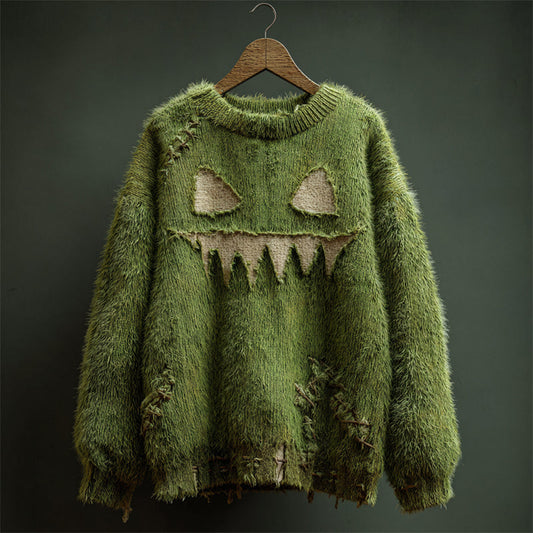 Halloween Spooky Face Stitched Fuzzy Knit Sweater elevenforest
