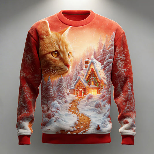 Comstylish Women's Fun Christmas Snow Scene And Cat Comfortable Plush Crew Neck Sweatshirt