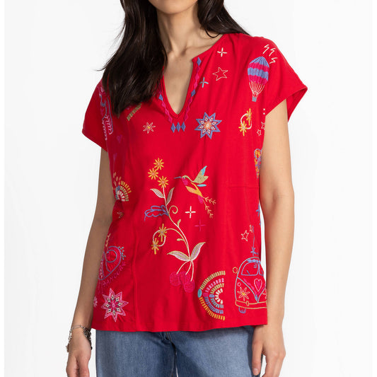 Women's Vintage Ethnic Embroidery With Flowers And Birds V-neck Shirt artswardrobe