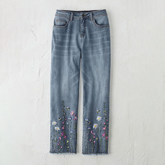 Comstylish Retro Bee Floral Embroidered Art Inspiration Design Jeans