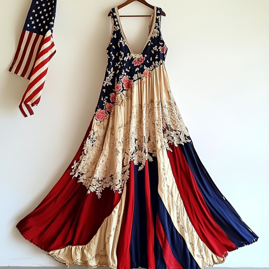Women's Vintage Independence Day Flag Floral Sleeveless Dress artswardrobe
