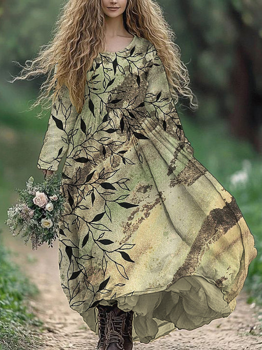 Vintage Leaves Pattern Women's Flowy Maxi Dresses artswardrobe