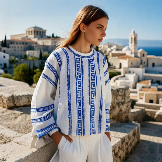 Comstylish Greek Key Linen Women's Crew Neck Shirt