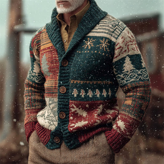 Men's Vintage Christmas Plaid Colorblock Cozy Knit Cardigan artswardrobe
