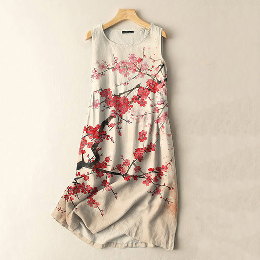 Comstylish Vintage Japanese Flower Print Sleeveless Cotton And Linen Midi Dress
