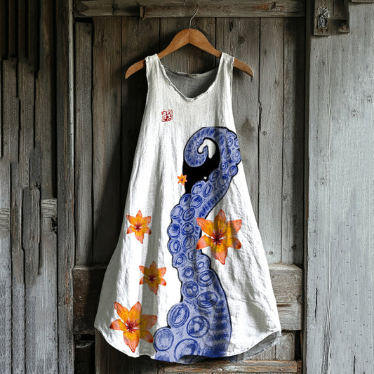 Comstylish Vintage Japanese Octopus Legs Art Linen Tank Dress