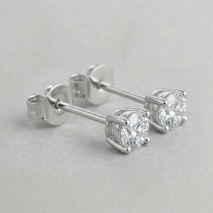 Classic Round Solitaire Diamond Stud Earrings in Sterling Silver