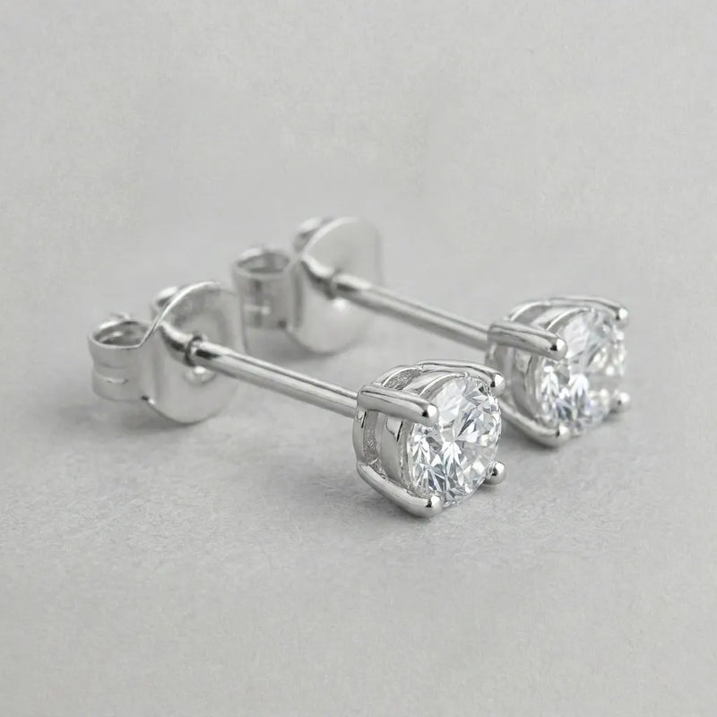 Classic Round Solitaire Diamond Stud Earrings in Sterling Silver