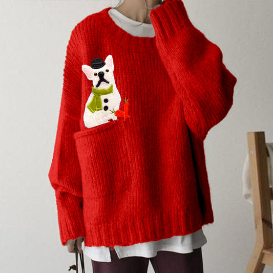 Comstylish Funny Christmas Snowman French Bulldog Applique Cozy Pocket Sweater