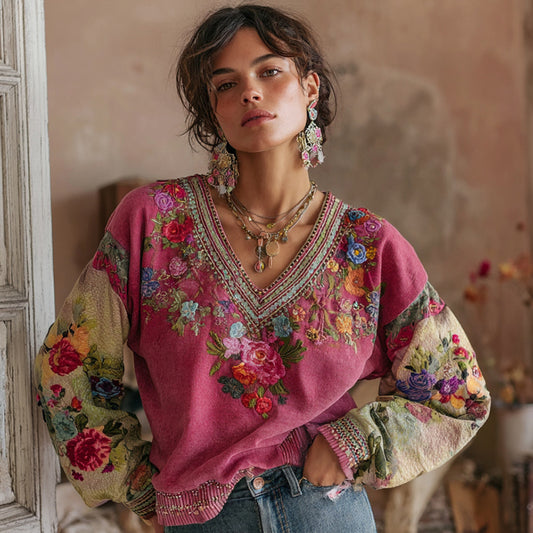 Comstylish Women's Bohemian Floral Embroidery Art Contrast Color V-neck Casual Sweatshirt