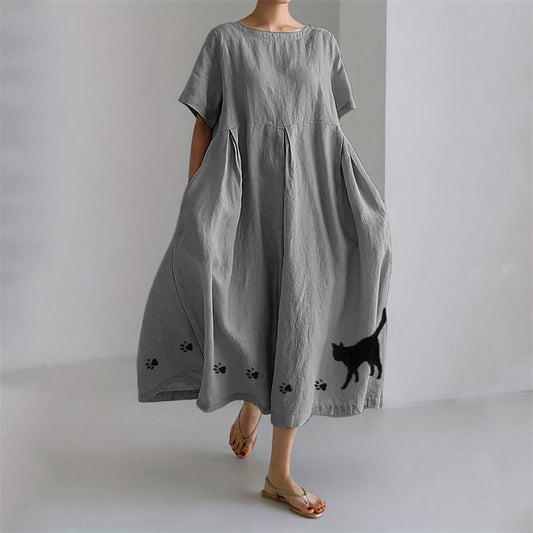 Black Cat & Paw Prints Embroidered Linen Blend Maxi Dress elevenforest