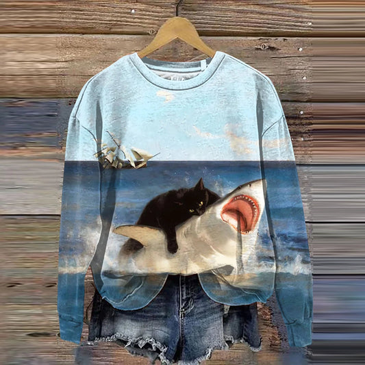 Funny Cat Art Print Casual Sweatshirt elevenforest