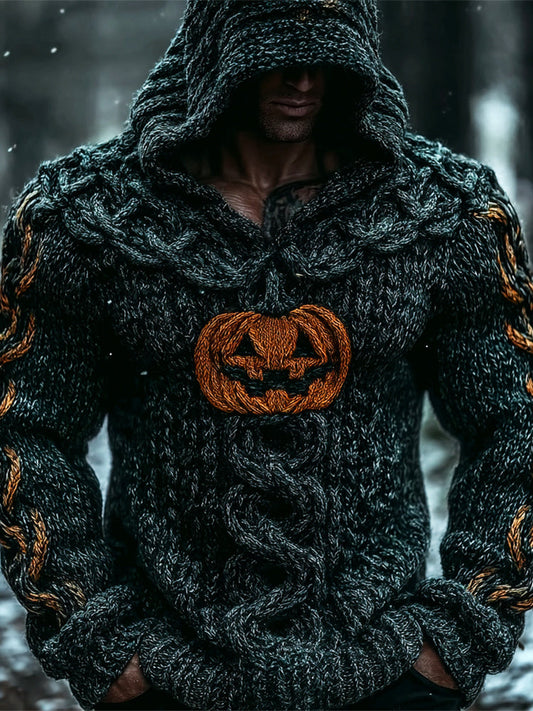 Viking Halloween Pumpkin Lights Men's Chunky Knit Twist Hooded Sweater elevenforest