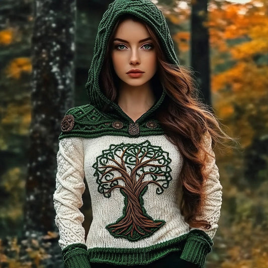 Irish Tree Of Life Contrasting Color Cozy Knit Hooded Sweater elevenforest