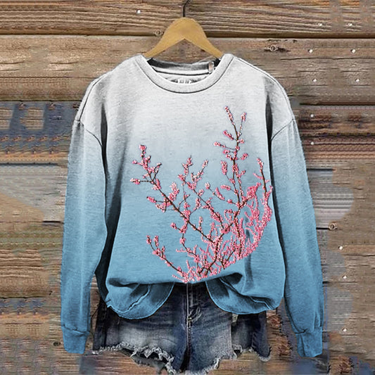 Comstylish Japanese Cherry Blossom Embroidered Gradient Sweatshirt