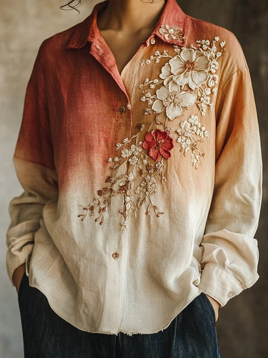 Vintage Lace Floral Embroidered Gradient Linen Blouse artswardrobe