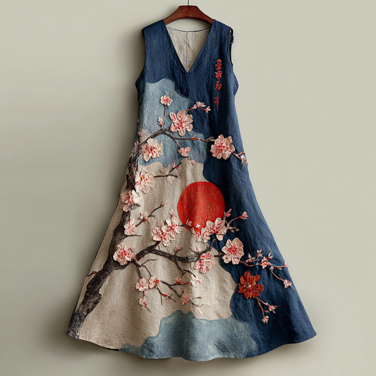 Comstylish Women's Vintage Japanese Sakura And Moon Art Sleeveless Dress
