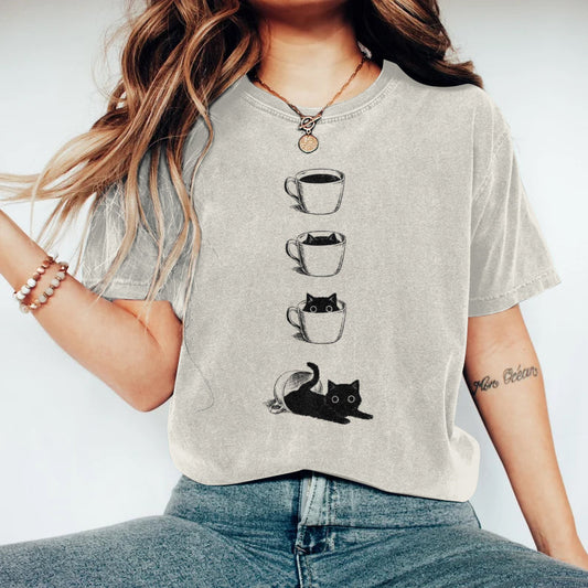 Abstract Creative Black Cats In Coffee Cup Art Print  T-shirt elevenforest