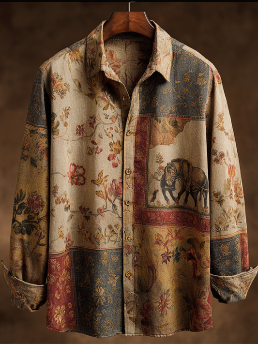 Western Style Retro Cotton And Linen Men's Casual Short-sleeve Shirt With Floral And Animal Elements artswardrobe
