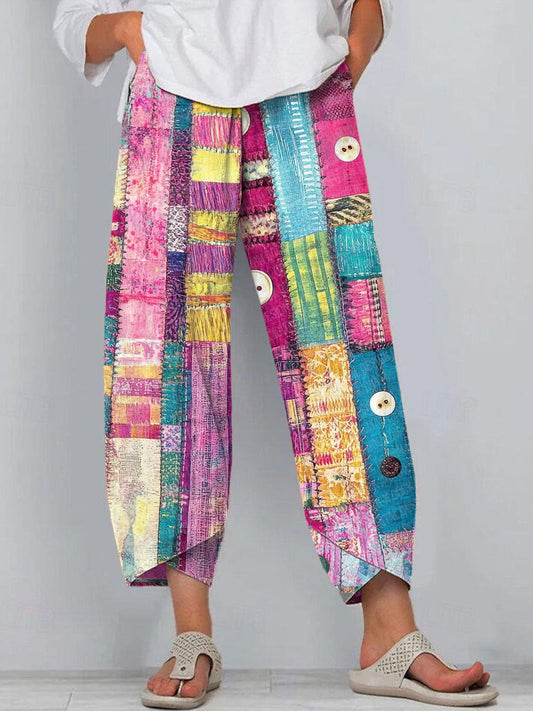 Women's Boho Colorful Patchwork Linen Blend Pants artswardrobe