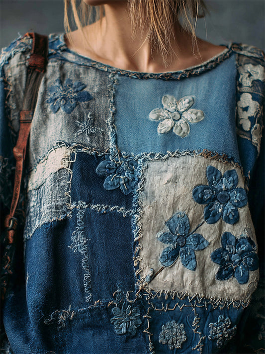 Comstylish Vintage Floral Fiber Art Colorblock Patchwork Linen Tunic