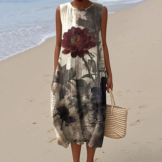 Vintage Loose Floral Art Linen Tank Dress artswardrobe