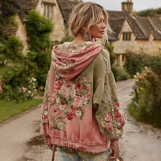 Comstylish Vintage Floral Embroidery Patchwork Art Casual Hooded