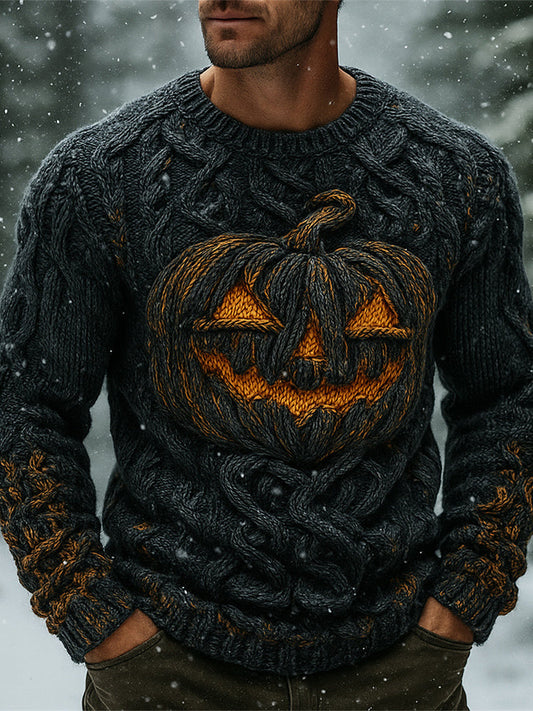 Halloween Pumpkin Emoji Men's Chunky Knit Crewneck Sweater artswardrobe
