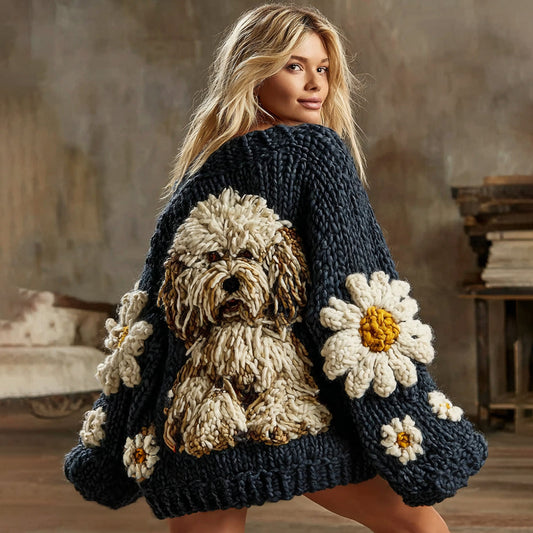 Classic Old English Sheepdog With Daisy Floral Art Inspired Embroidered Cozy Knit Sweater Cardigan elevenforest