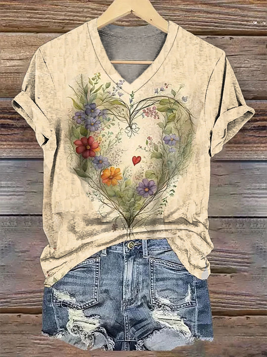 Women's Floral Heart Art V-Neck Casual T-Shirt