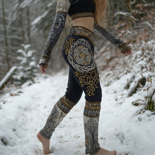 Comstylish Vintage Viking Style Gilded Celtic Knot Stitch Worn-in Leggings