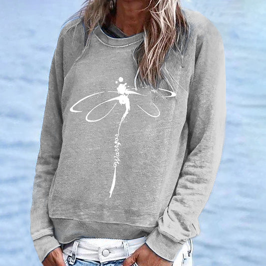 Comstylish Casual Long Sleeve Dragonfly Printed Sweatshirt