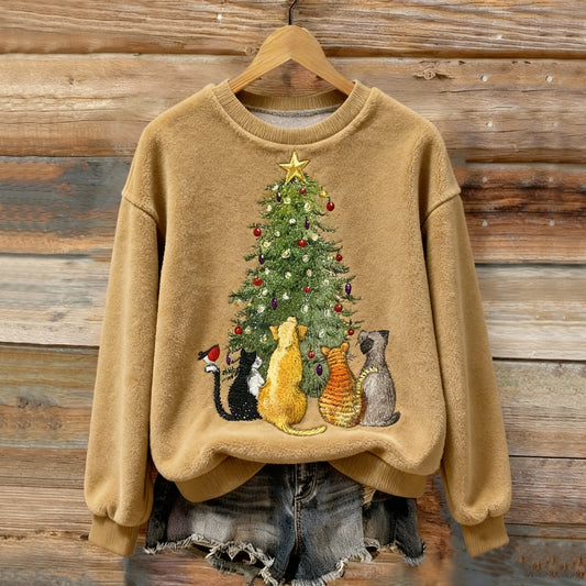Comstylish Women's Christmas Cats And Dogs Embroidery Art Comfort Plush Sweatshirt