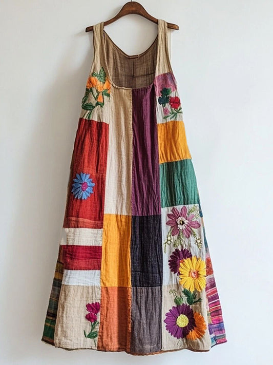 Colorful Floral Embroidered Patchwork Linen Blend Dress artswardrobe