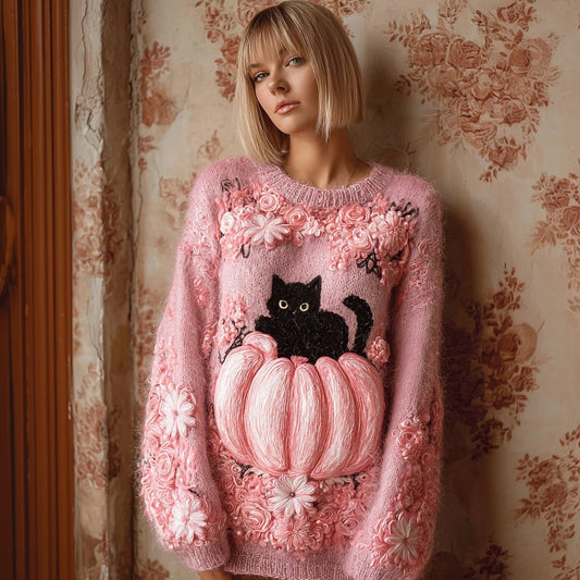 Retro Black Cat Pumpkin Embroidered Cozy Knit Sweater elevenforest