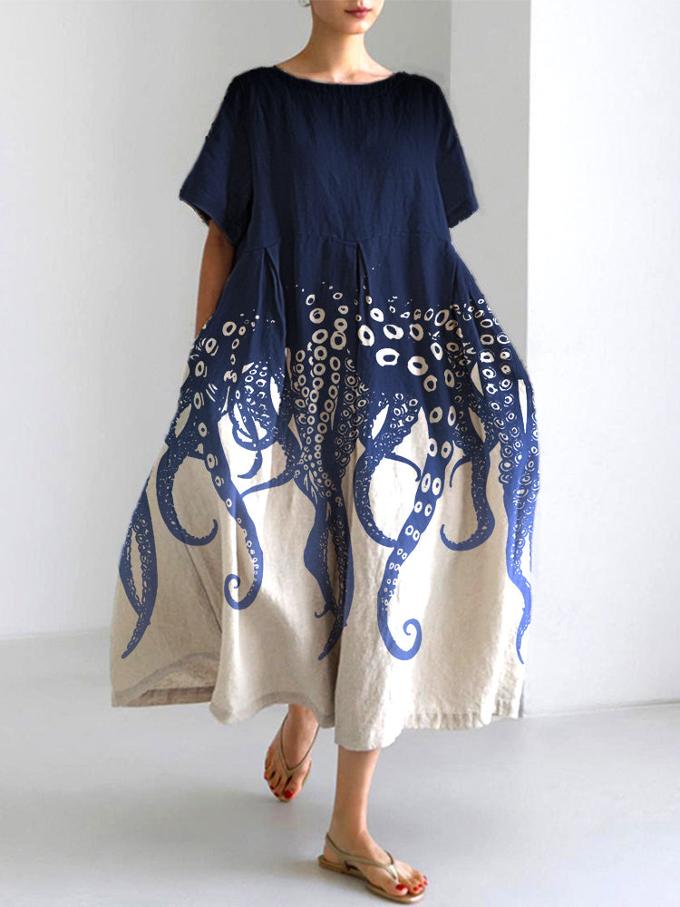 Comstylish Ocean Octopus Japanese Art Linen Blend Casual Dress